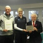 Kirsty McRae of Tennis Scotland Presenting George Stewart and Allan Burt with the Clubmark Award November 2009