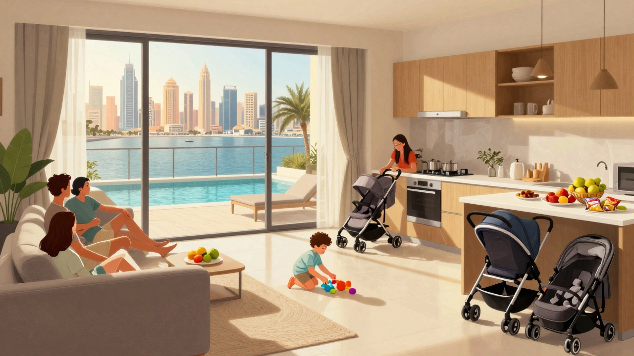 A family relaxes in a spacious Dubai apartment with kitchenette, pool view, and strollers nearby.