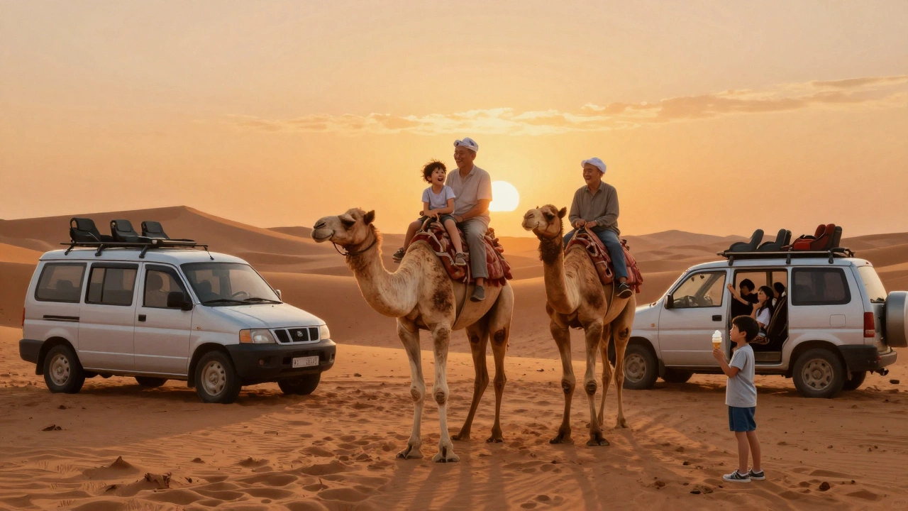 A family rides camels at sunset during a desert safari, with children laughing and dunes glowing behind them.