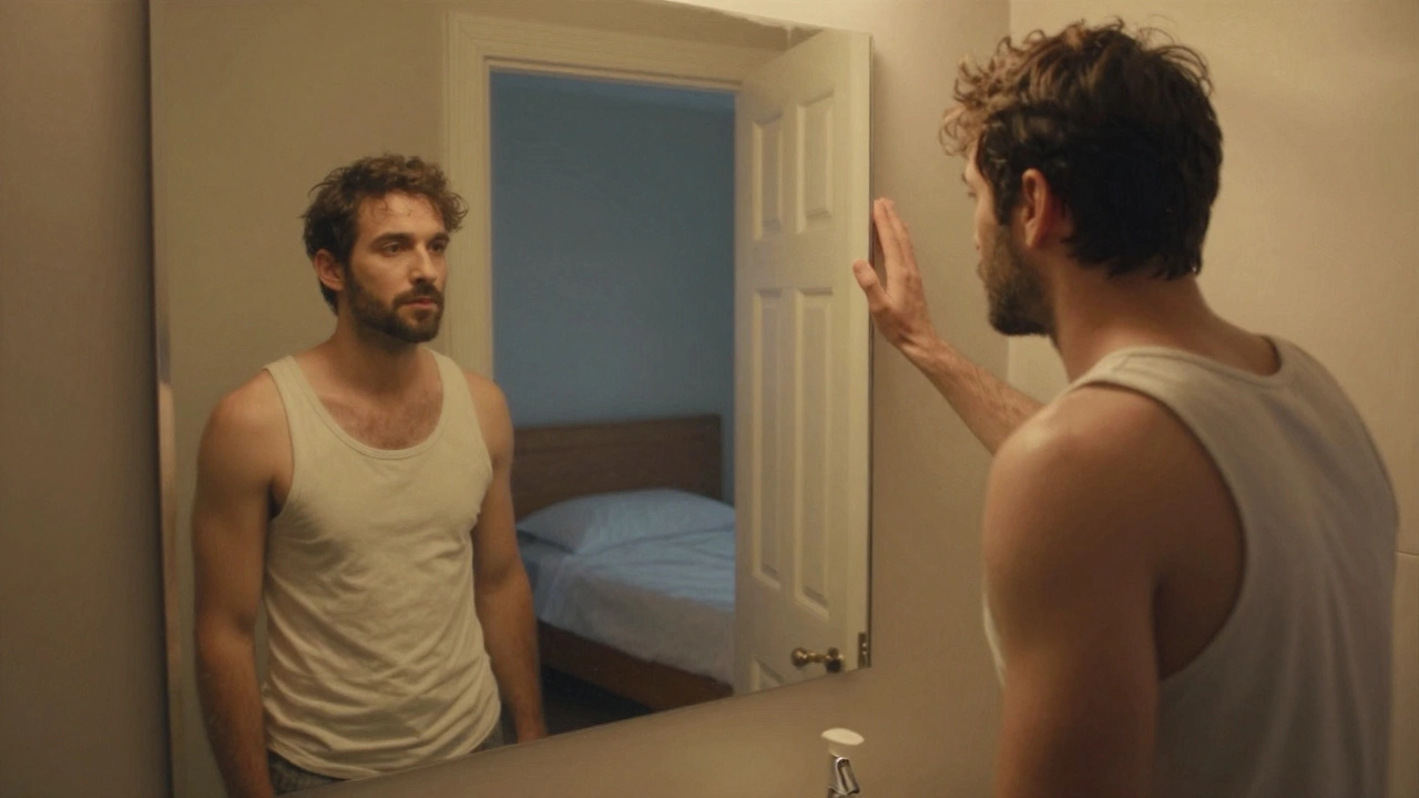 A man gazing at his own reflection in a bathroom mirror, symbolizing self-reconnection.