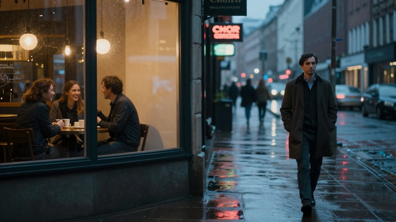 A solitary man walking past lit windows of happy couples in a rainy city at dusk.